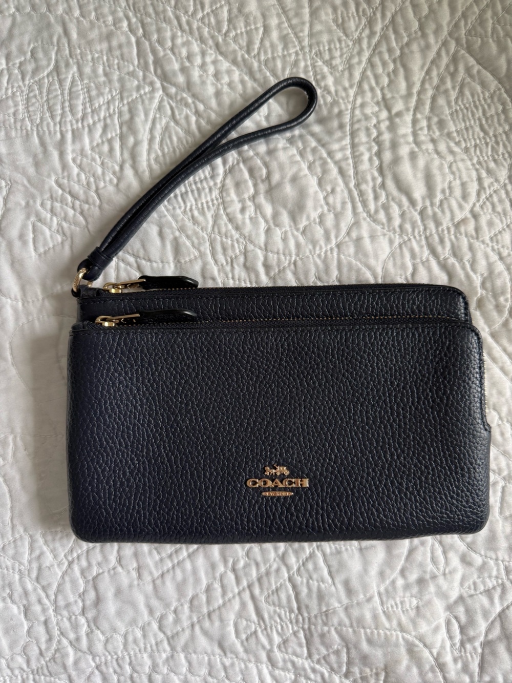 Coach Navy Pebbled Leather Double Zip Wristlet with Gold Logo